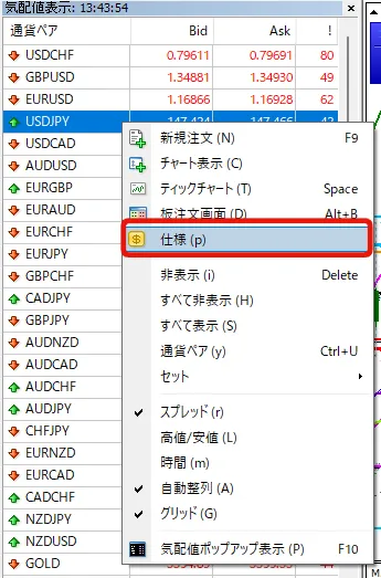 通貨ペア(例:USD/JPY)の上で右クリック