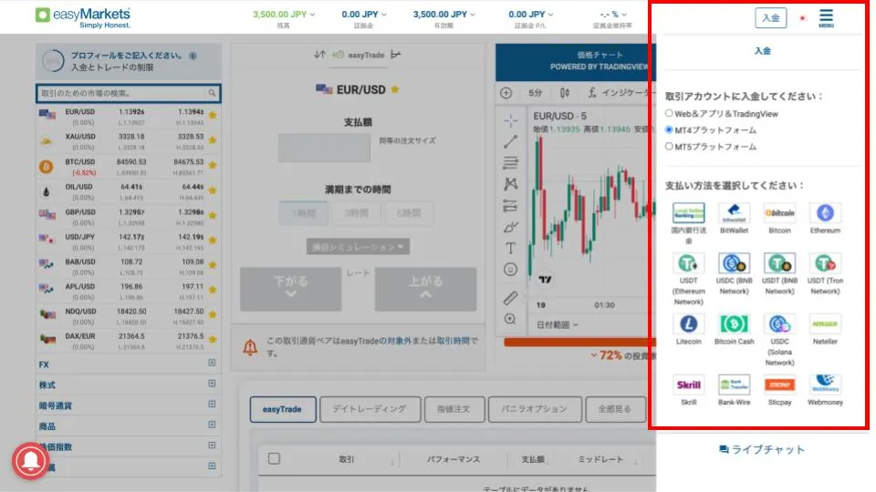easyMarketsの口座への入金方法を選択する