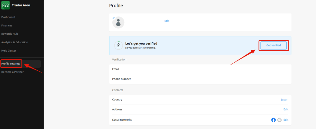 「Profile settings（プロフィール設定）」から「Get verified（本人確認をする）」をクリック