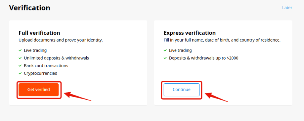Full verification（フル認証）を行う場合、書類をアップロードして本人確認を行う