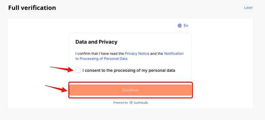「Data and Privacy（データとプライバシー）」についての同意事項にチェックを入れ、「Continue（続行する）」をクリック