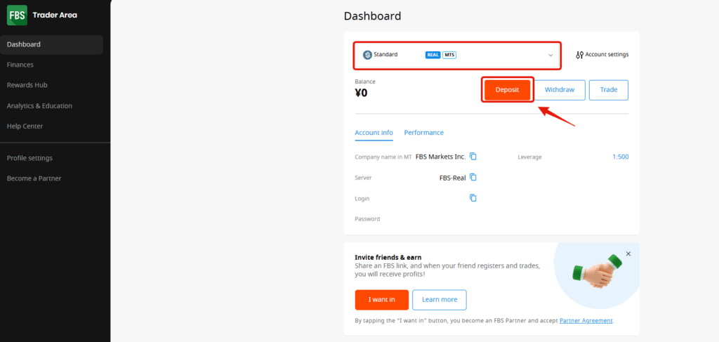 入金したい取引口座を選択し「Deposit（入金）」をクリック