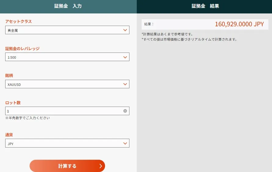 vantageの証拠金計算機
