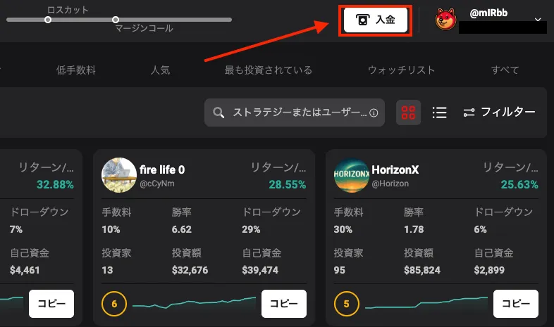右上にある「入金」ボタンを選択