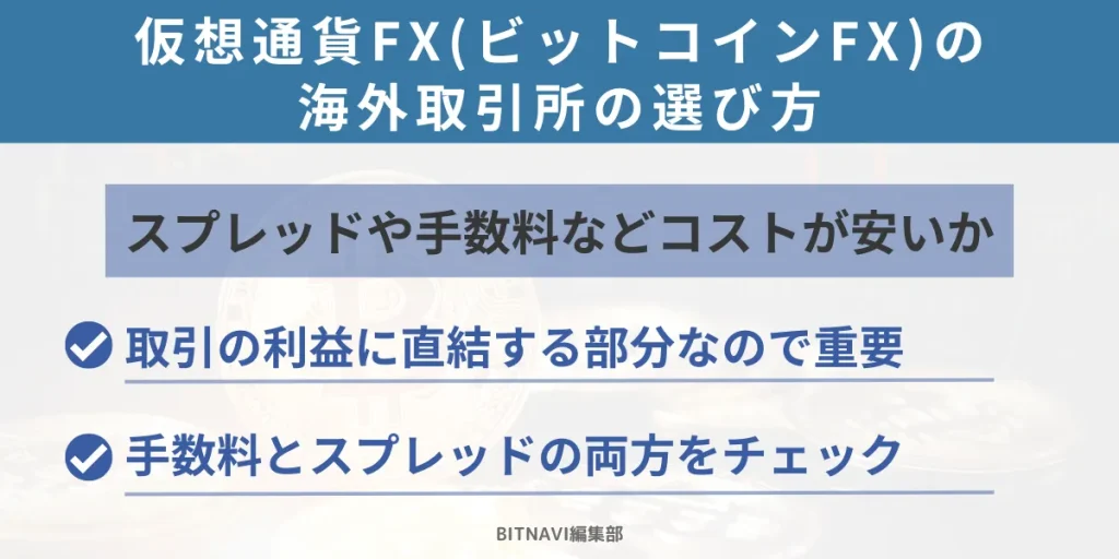仮想通貨FX・ビットコインFXの海外取引所の選び方④スプレッドや手数料など取引コストが安いか