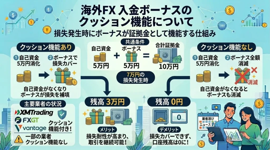 海外FX業者の入金ボーナスのクッション機能について解説