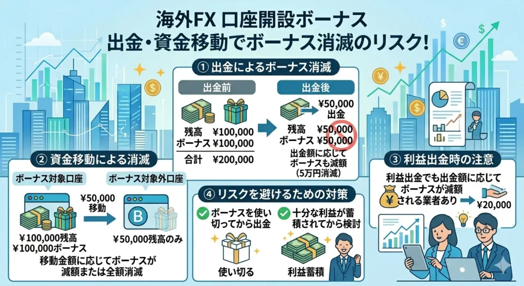 海外FX業者での出金や資金移動で口座開設ボーナスが消滅する可能性もある