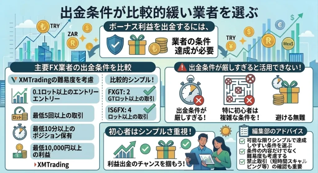 出金条件が比較的緩い海外FX業者の口座開設ボーナスを選ぶ