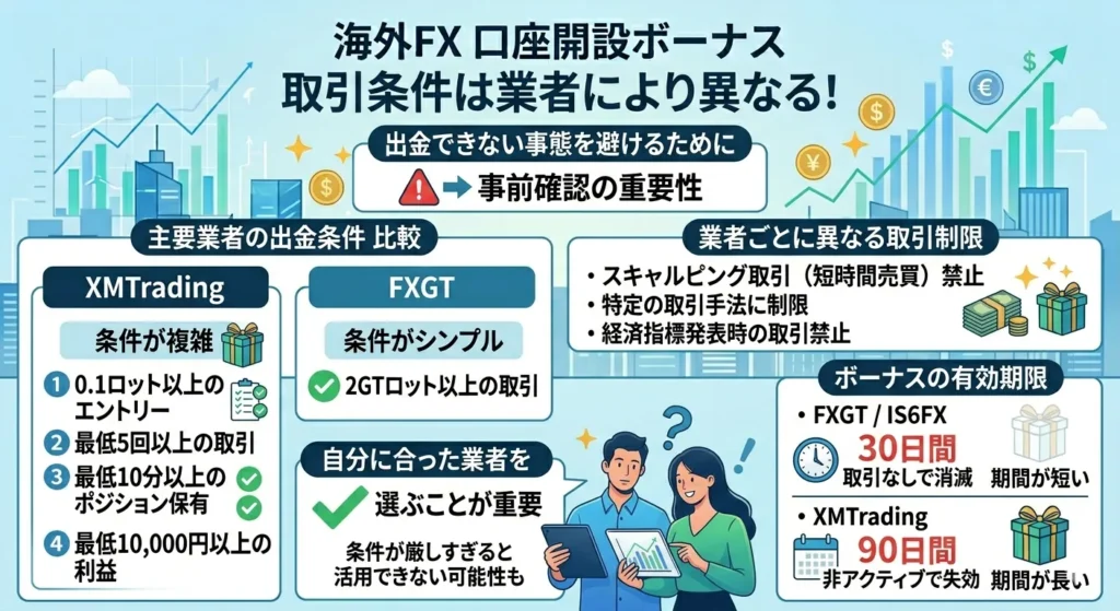 海外FXの口座開設ボーナスの取引条件は業者により異なる