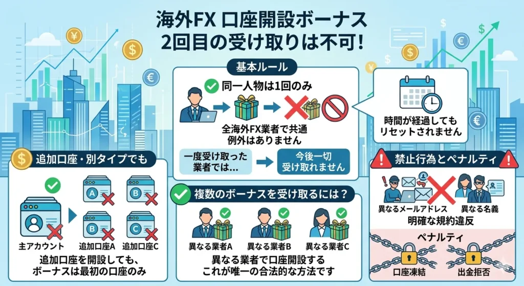 海外FXの口座開設ボーナスは2回目の受け取りはできない