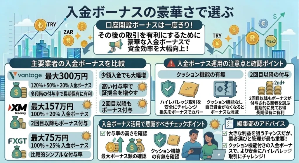 口座開設ボーナスを提供中の海外FX業者は入金ボーナスの豪華さでも選ぶ