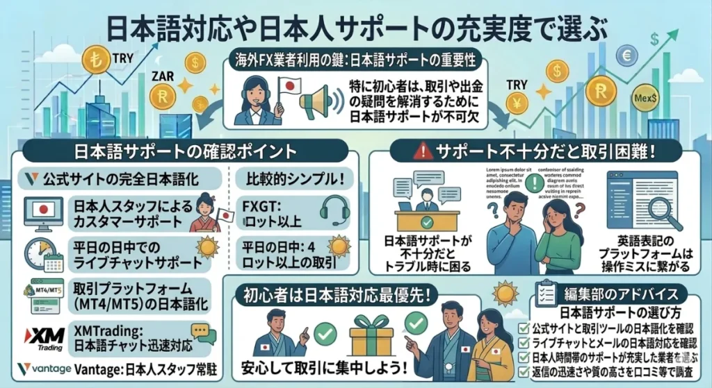 口座開設ボーナスを提供中の海外FX業者を選ぶ際は日本語対応や日本人サポートの充実度で選ぶ