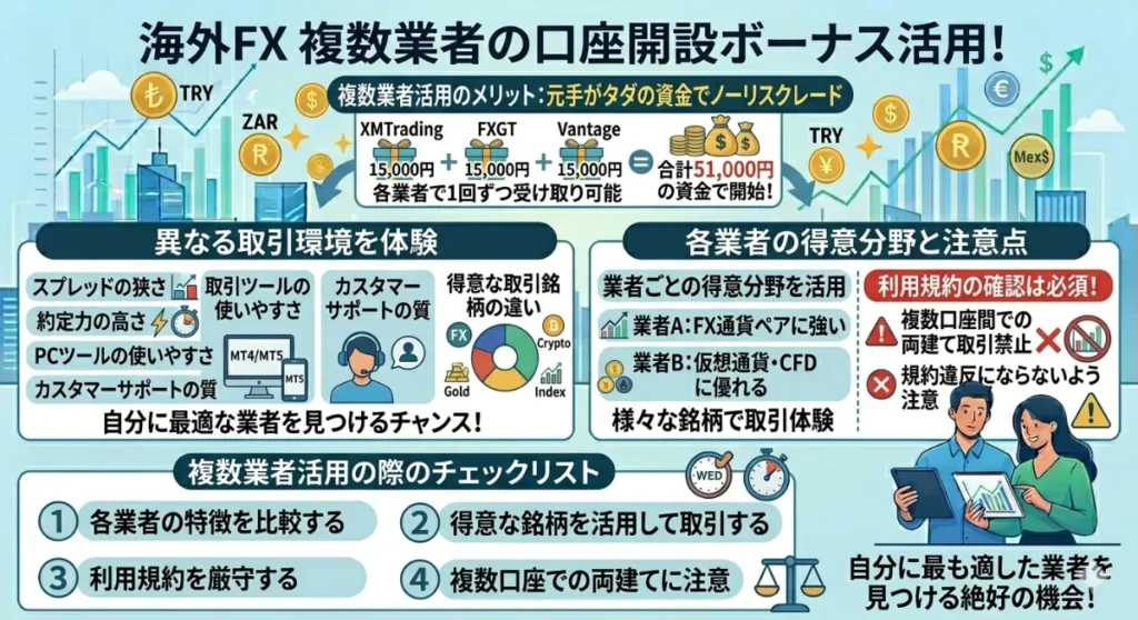 複数の海外FX業者の口座開設ボーナスを活用
