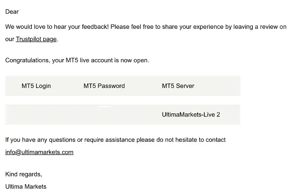 Ultima Marketsの口座詳細がメールで送られてくる